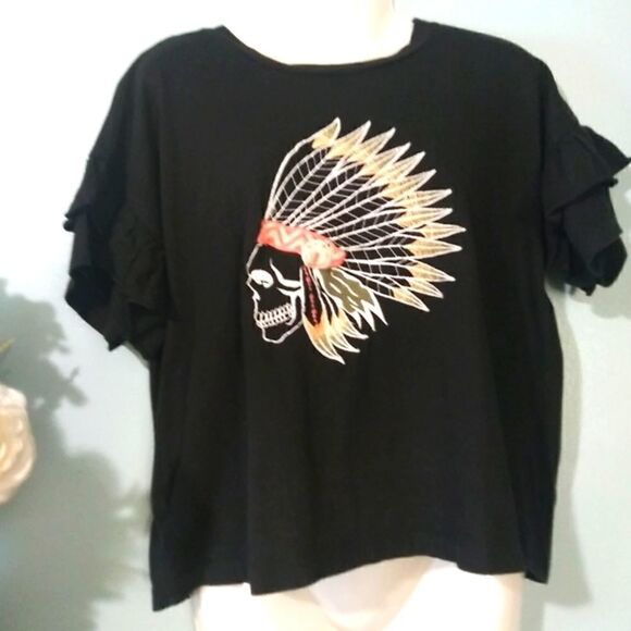 Mango embroidered skull and feathers top with ruffle sleeve - Picture 1 of 7